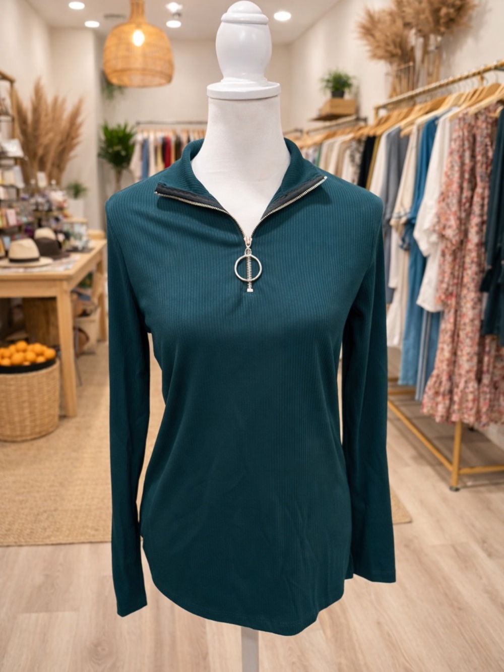 White Birch Ribbed Quarter Zip Top Teal Long Sleeve Stretch NWOT S M XL